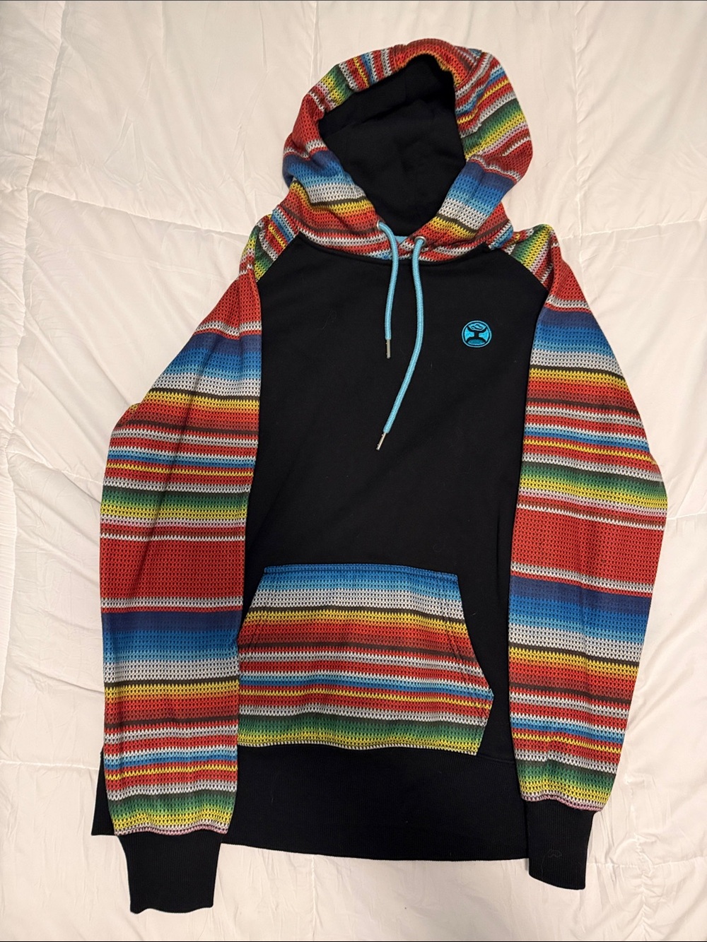 Women’s Hooey Black Hoodie with Multicolor Striped Sleeves and Hood